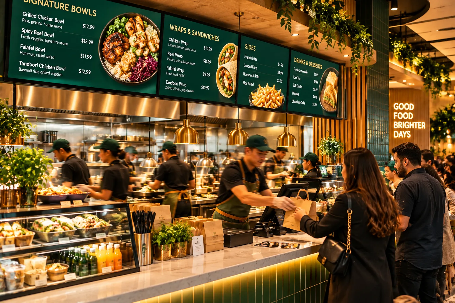 Busy Green-and-Gold Restaurant Counter