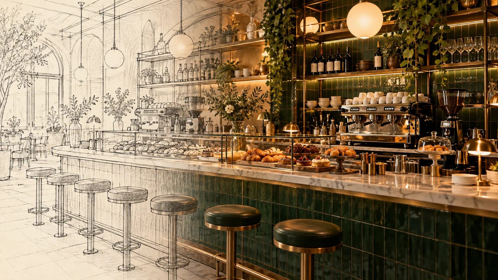 Sketch-to-Reality Emerald Café Bar