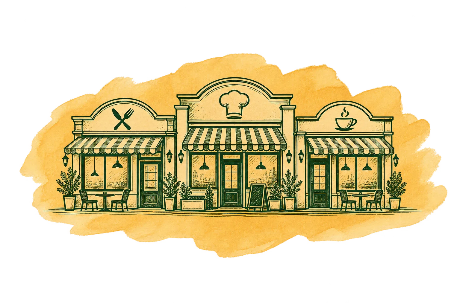 Watercolor Café Row Illustration